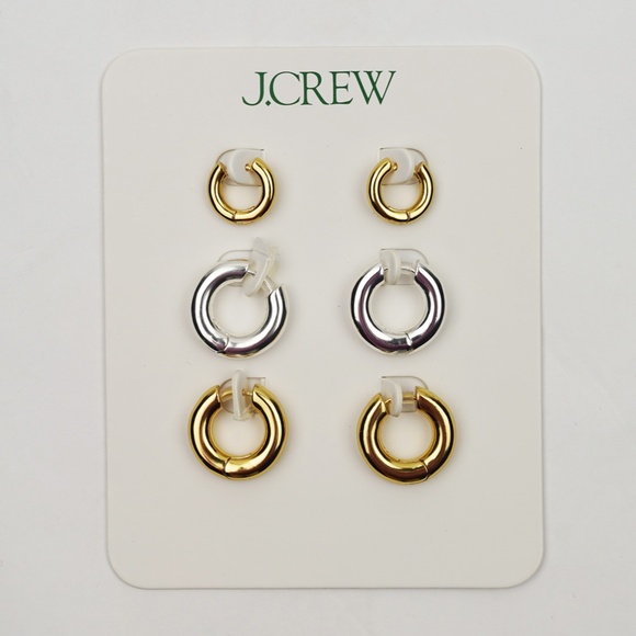 New JCREW Metallic Hoop Earrings Set-of-Three Silver and Gold $49 BX248 - Picture 2 of 2
